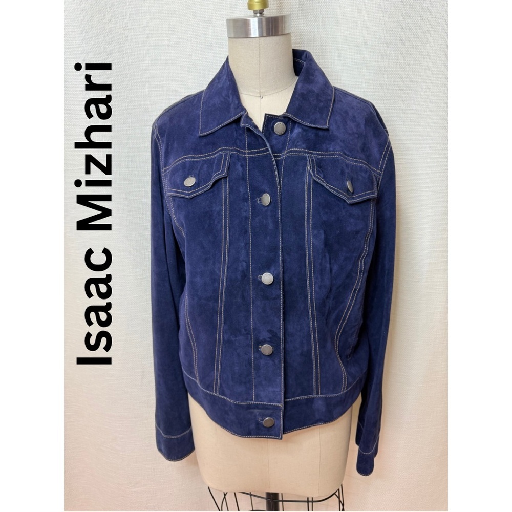 Isaac Mizrahi Blue Suede Jacket Womens Medium Button Front Casual Chic Style Lux